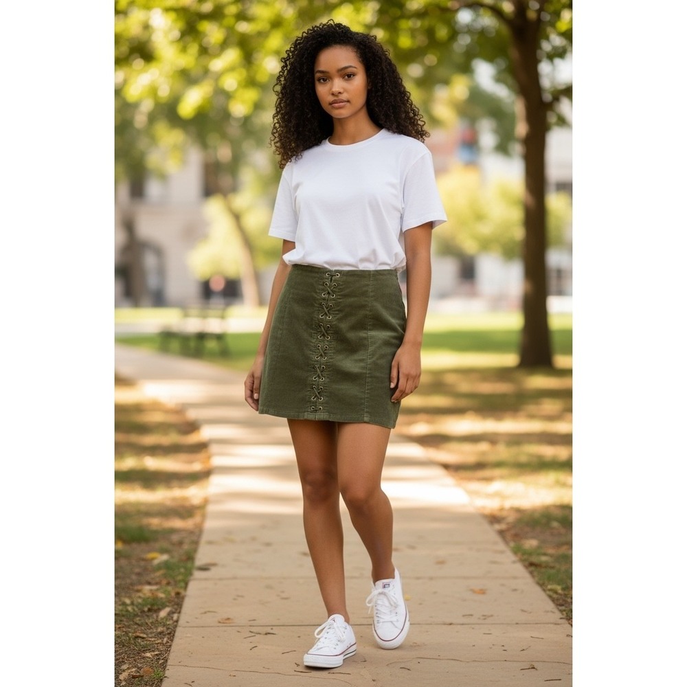 Forever 21 Olive Green Corduroy Mini Skirt Lace Up Detail Casual‎ Size M